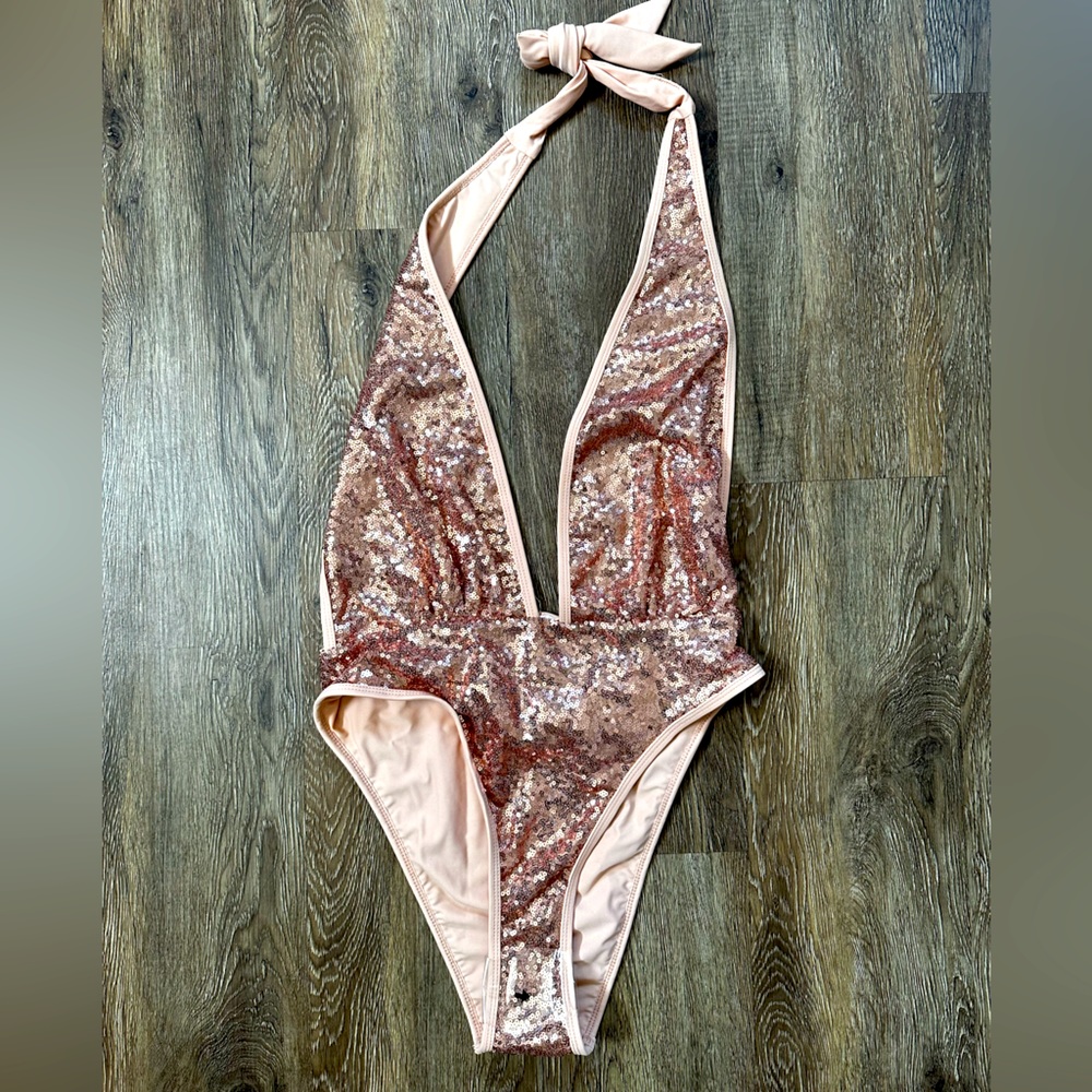 Fashion Nova Sequin Halter Swimsuit in Rose Gold